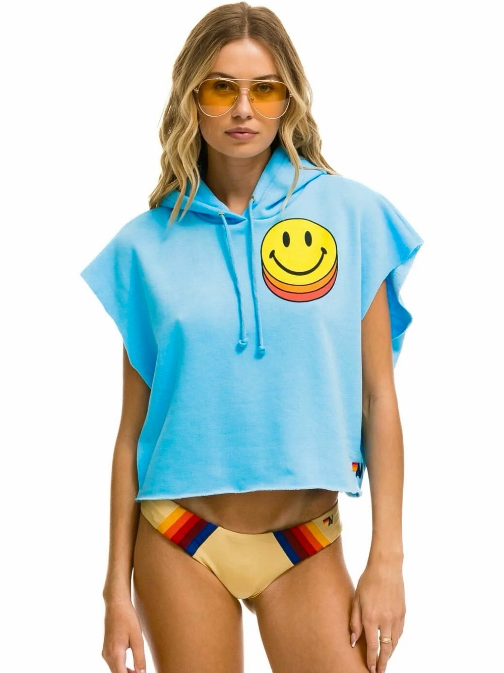 Aviator Nation Cropped Pullover Hoodie Sweatshirt Sky Blue Smiley Sunset